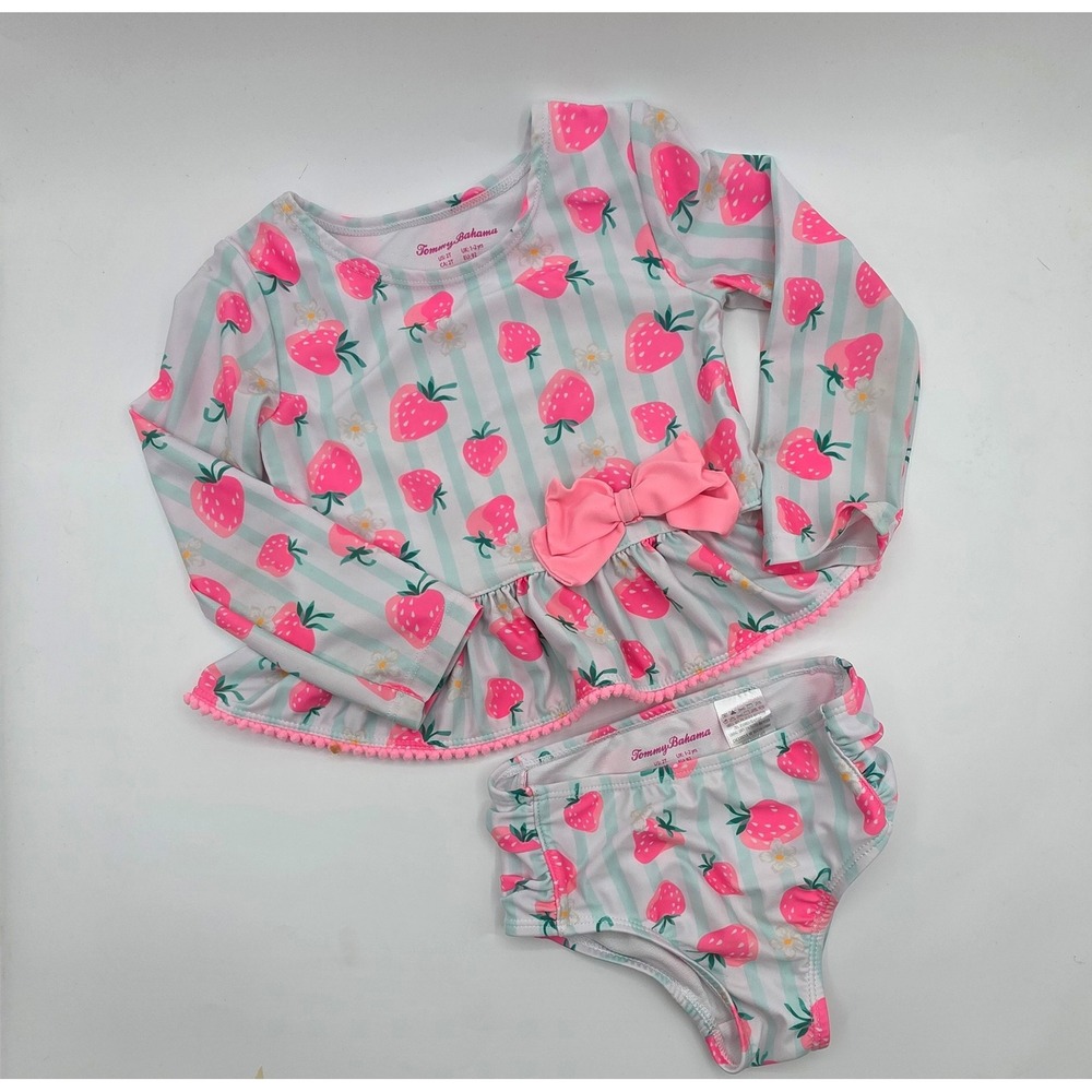 Tommy Bahama Girls 2T Strawberry Stripe Rash Guard Swimsuit Set Pink Mint